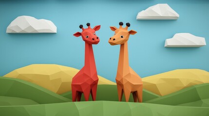 Fototapeta premium Two low-poly giraffes standing on a green hill under a blue sky with clouds.