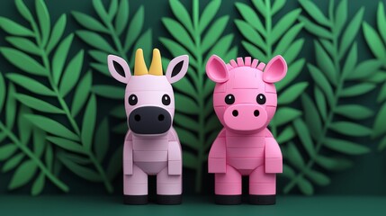 Two cute pink cartoon animals, a cow and a pig, stand against a green leafy background.