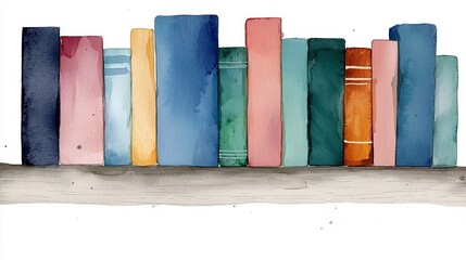 Watercolor painting of colorful books on a wooden shelf.