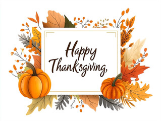 Happy Thanksgiving Greeting with Autumn Leaves and Pumpkin Illustration on White Background