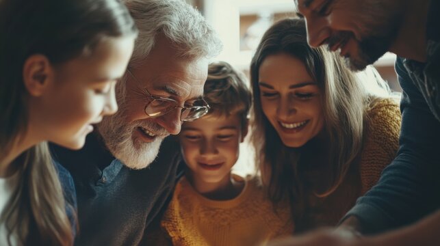 A powerful representation of generational inclusion with a dynamic family gathering where members of all ages are actively engaging together, symbolizing respect and learning across generations