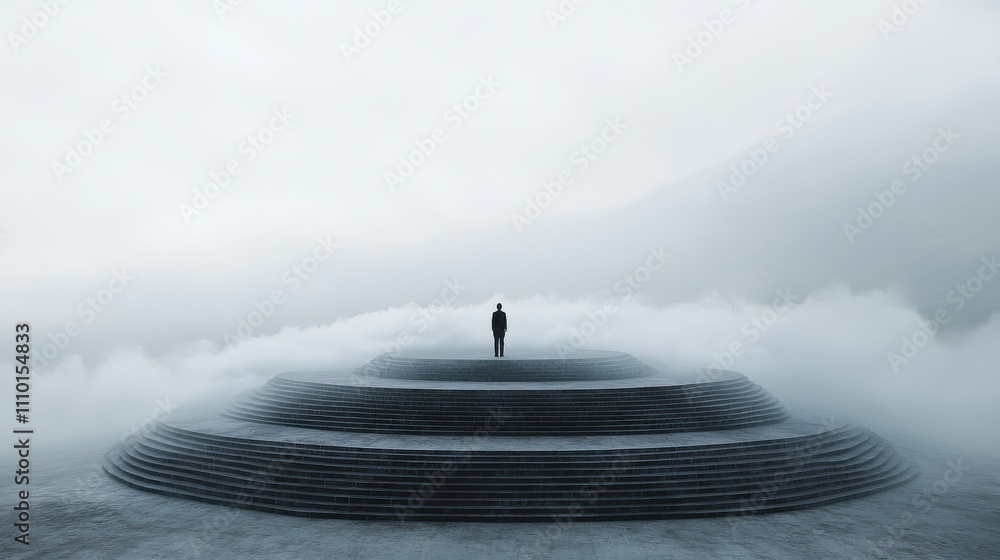 Poster mysterious figure standing on circular platform amidst fog uncertain environment minimalist concept 