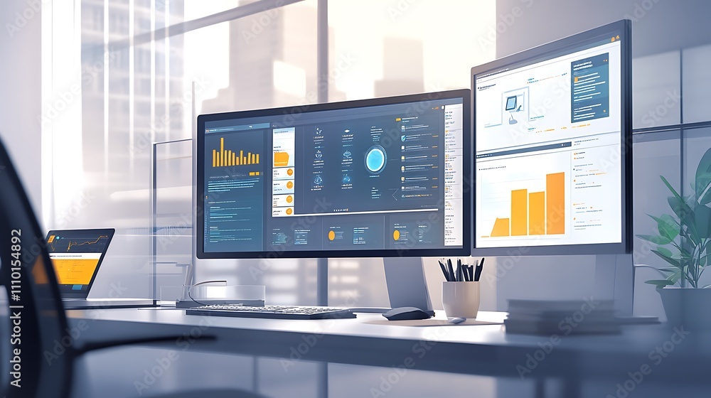 Poster ai powered financial, bright and minimalist office workspace with dual monitors displaying ai evalua