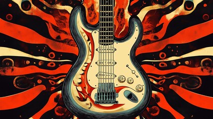 Psychedelic electric guitar with vibrant, swirling background.