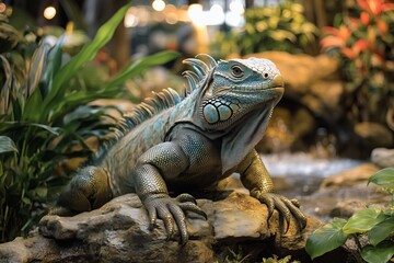 Fototapeta premium A vibrant iguana basks among lush foliage and rocks in a jungle setting.