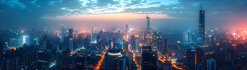 Fototapeta premium Futuristic Metropolis at Dusk with Integrated 5G Antennas and Green Spaces