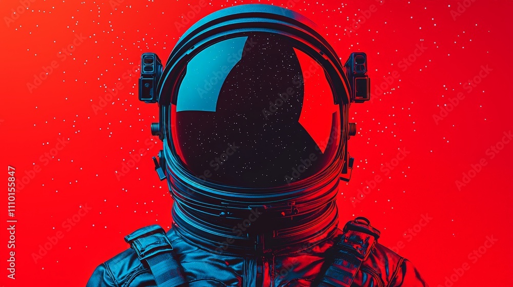 Wall mural close-up of astronaut helmet against red background with cosmic dust.