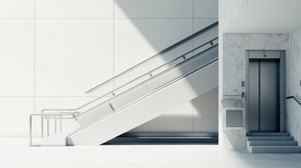 A powerful visualization of disability advocacy with a staircase featuring accessible ramps and elevators, illustrating equal access for all, minimalist composition