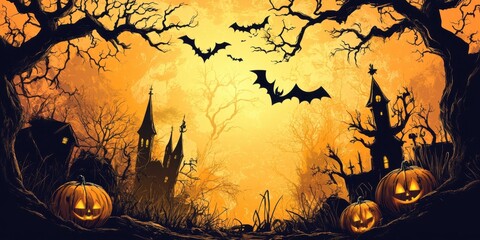 Spooky Halloween Night in Haunted Village with Glowing Pumpkins and Bats Flying Over Silhouetted Churches and Houses Underneath a Glowing Moon
