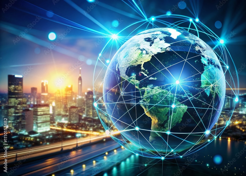 Poster a digital globe with network connections representing global communication and innovation, featuring