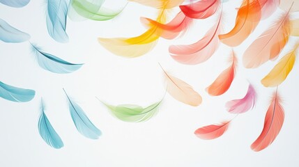Fototapeta premium A serene depiction of multi-colored abstract feathers drifting together to form a unified, flowing pattern on a clean backdrop