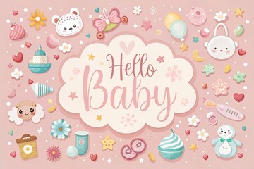Adorable Baby Shower Card Design Featuring "Hello Baby" Inscription on Soft Pink Background Ideal for Celebrating New Arrivals and Sharing Joyous Moments with Family and Friends