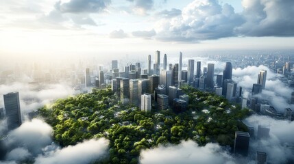 A city is surrounded by a forest and the sky is cloudy