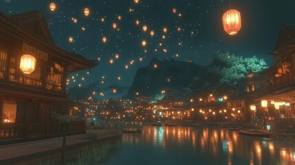 The lantern festival in China shines brightly, thousands of lanterns float over the river.