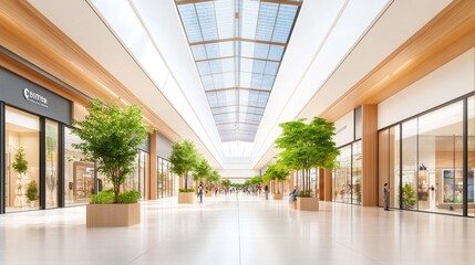 A large indoor shopping mall with a green roof and a blue ceiling