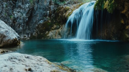 Naklejka premium A serene image of a multi-colored waterfall cascading down into a clear pool, surrounded by a diverse natural landscape, Symbolizing the refreshing and revitalizing effect of embracing diversity