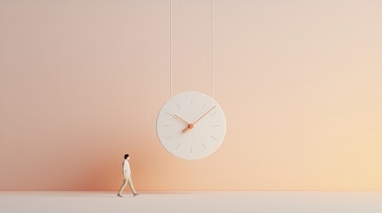 Person walking past oversized clock minimalist setting digital art calm atmosphere concept of time management