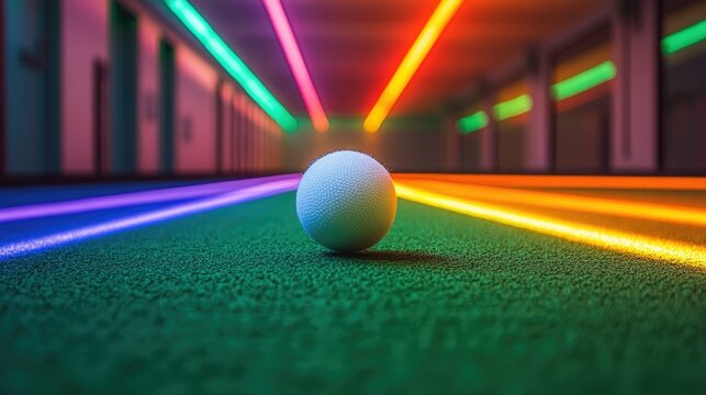 A single white ball on a vibrant, illuminated mini-golf course with colorful lights.