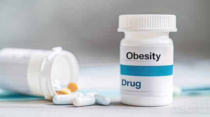 Close-up of partially opened prescription pill bottle labeled "Obesity Drug" with visible pills inside, symbolizing the start of a weight management treatment journey on a clean white background.