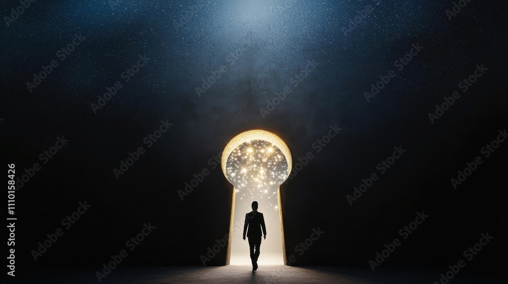 Poster exploring new horizons a person walking through a mystical keyhole in a dark environment symbolizing