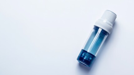 A blue bottle with a white cap sits on a white background