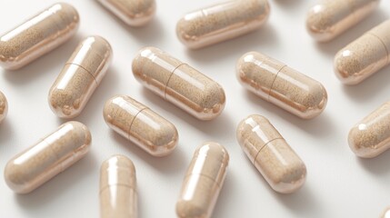Close-up of beige capsules on white background ��� pharmaceutical and wellness concept