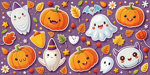 Obraz premium Adorable Halloween Sticker Pack Featuring Spooky Cute Designs with White Borders Perfect for Celebrating the Festive Season and Decorating Your Halloween-Themed Projects