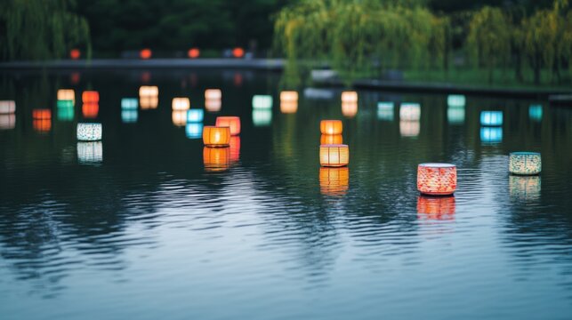 A serene lake with floating lanterns of different colors and patterns creating a peaceful reflection, Symbolizing the harmony and unity found in embracing diversity, minimalist style