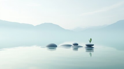 A serene landscape with a variety of cultural symbols gently floating on a calm, reflective lake, Depicting the peaceful coexistence and reflection of diverse cultures