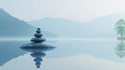 A serene landscape with a variety of cultural symbols gently floating on a calm, reflective lake, Depicting the peaceful coexistence and reflection of diverse cultures