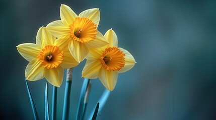 Obraz premium Vibrant yellow daffodils blooming against soft blue background