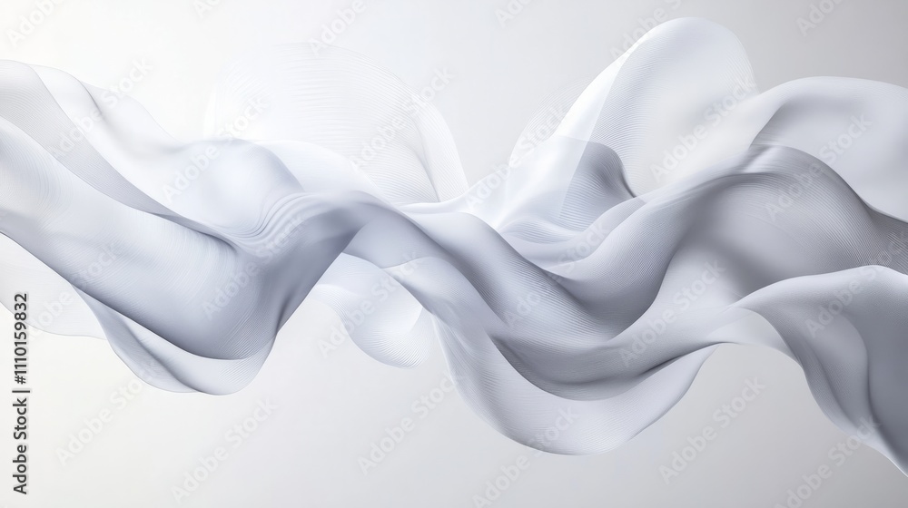 Poster smooth white wave pattern flowing across a minimalist white background, creating a calming abstract 
