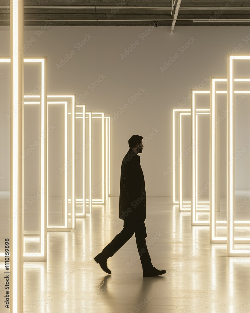 Poster illuminated pathway walkthrough art installation modern gallery minimalist environment side view lig