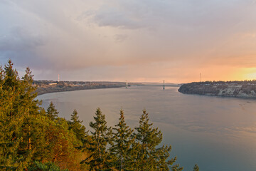 The Tacoma Narrows bridge at sunset