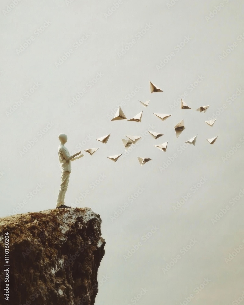 Poster creative expression through paper birds a surreal scene of transformation on a cliff artistic and in