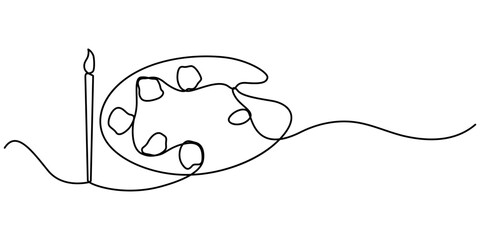 Paint Pallet and Brushes Drawing, Continuous one line drawing of a art materials. Artsy brushes and painting palette one line drawing vector illustration isolated on white background, Continuous Line.