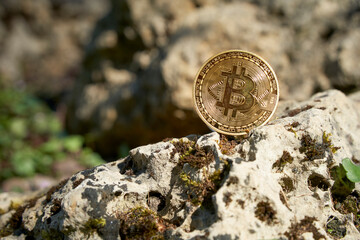 Golden Bitcoin coin on a rock outdoors, symbolizing digital currency and blockchain technology....