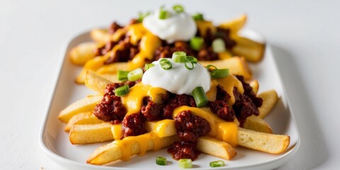 Loaded Chili Cheese Fries with Sour Cream and Green Onions.