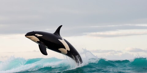 Fototapeta premium Orca Leaping from the Ocean Waves Under a Cloudy Sky.