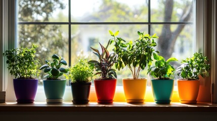 A series of diverse houseplants in colorful pots lined up on a windowsill, representing the nurturing and growth within diversity, minimalistic photography style