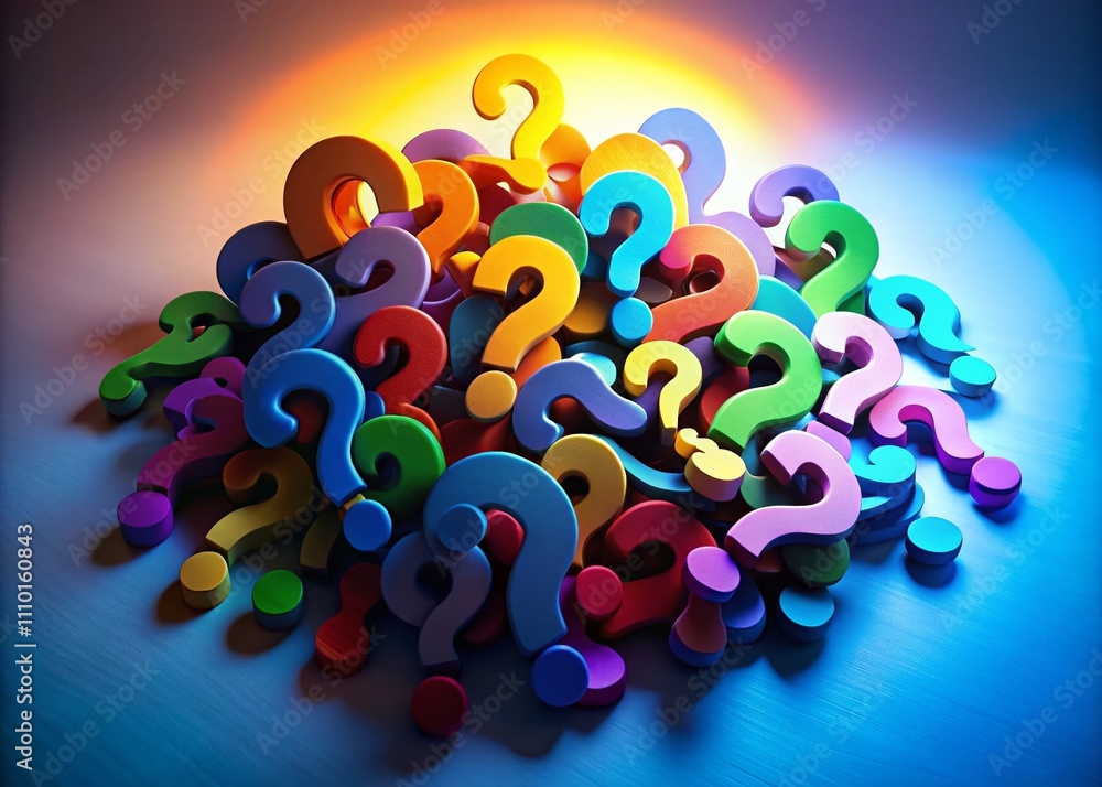 Poster a dynamic silhouette of colorful question marks stacked creatively, symbolizing curiosity and inquir