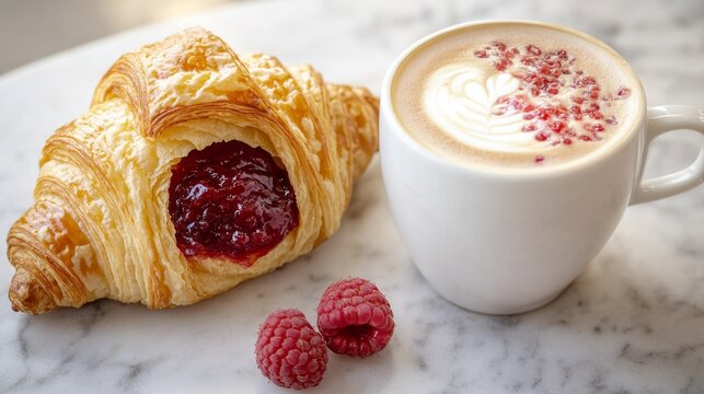 Fresh Croissant Filled with Raspberry Jam and Accompanied by Coffee