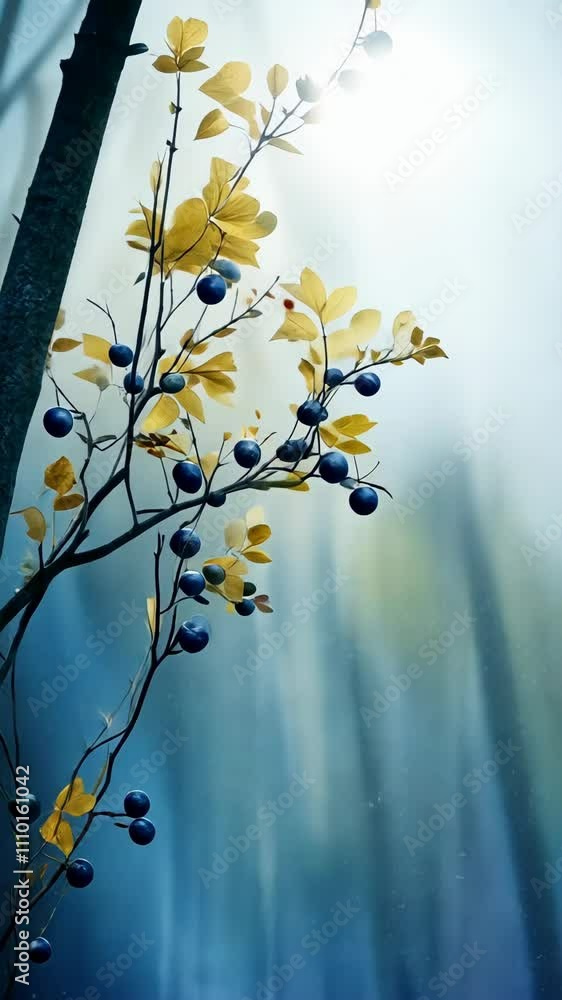 Poster branch with colorful leaves and berries illuminated by soft sunlight in a misty forest