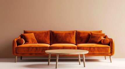 Fototapeta premium Stylish orange velvet sofa with a round wooden table in a minimalistic setting.