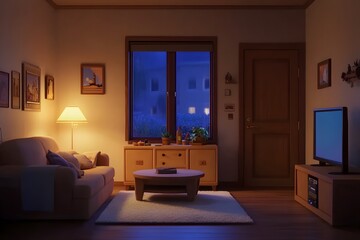 Fototapeta premium Home interior with furniture and tv. Living room with blue sofa, television set on stand, coffee table, carpet, bookcase, plants and pictures on wall, vector cartoon illustration isolated on white