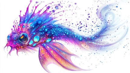 Abstract Watercolor Painting of a Colorful Fish with Splashes of Purple, Blue, and Pink