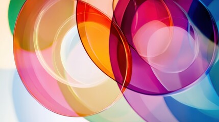 Obraz premium A series of overlapping transparent circles in various colors creating a spectrum, Depicting the blending of diverse identities and experiences, minimalist style