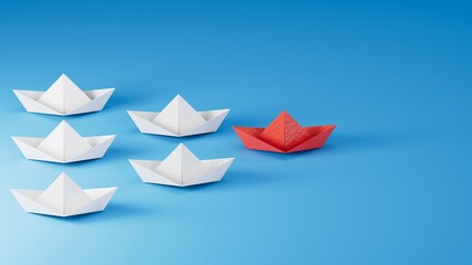 Different business concept.new ideas. paper art style.Leadership concept with red paper ship leading among white boats.3D rendering on blue background.