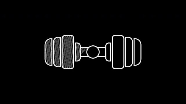 White line of  dumbbell of gym icon on black background. Motion graphic animation in 4k