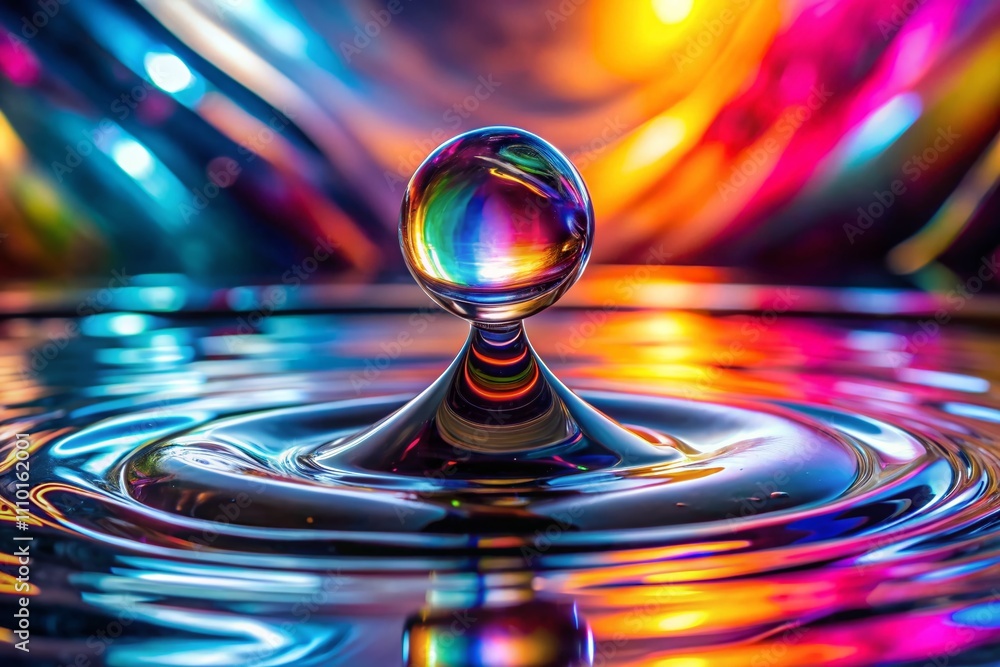 Poster aerial photography of distorted water drop on dark background capturing unique reflections and light